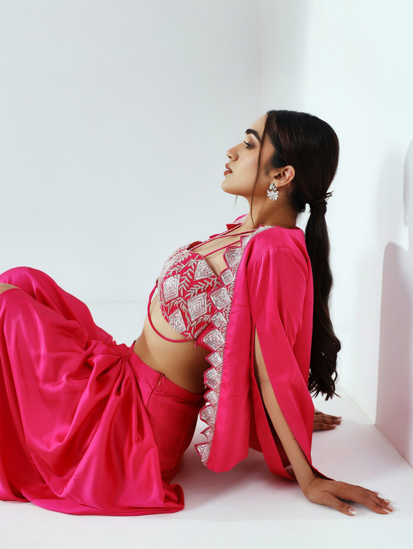 Diana pink draped skirt, blouse with jacket - Nishi Madaan Label