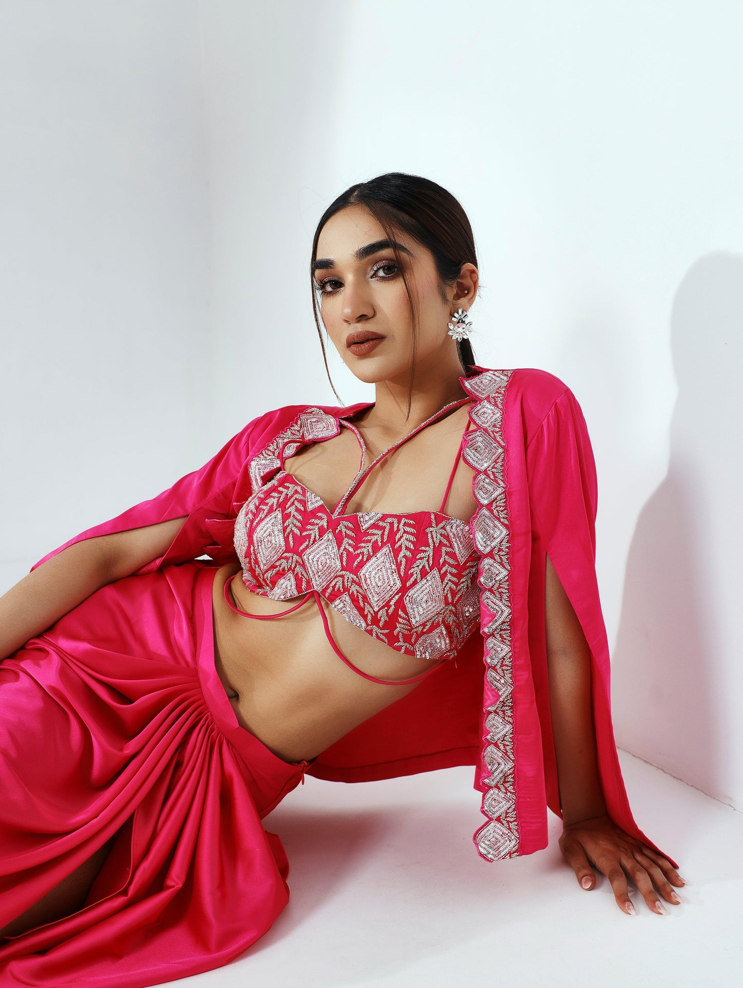 Diana pink draped skirt, blouse with jacket - Nishi Madaan Label