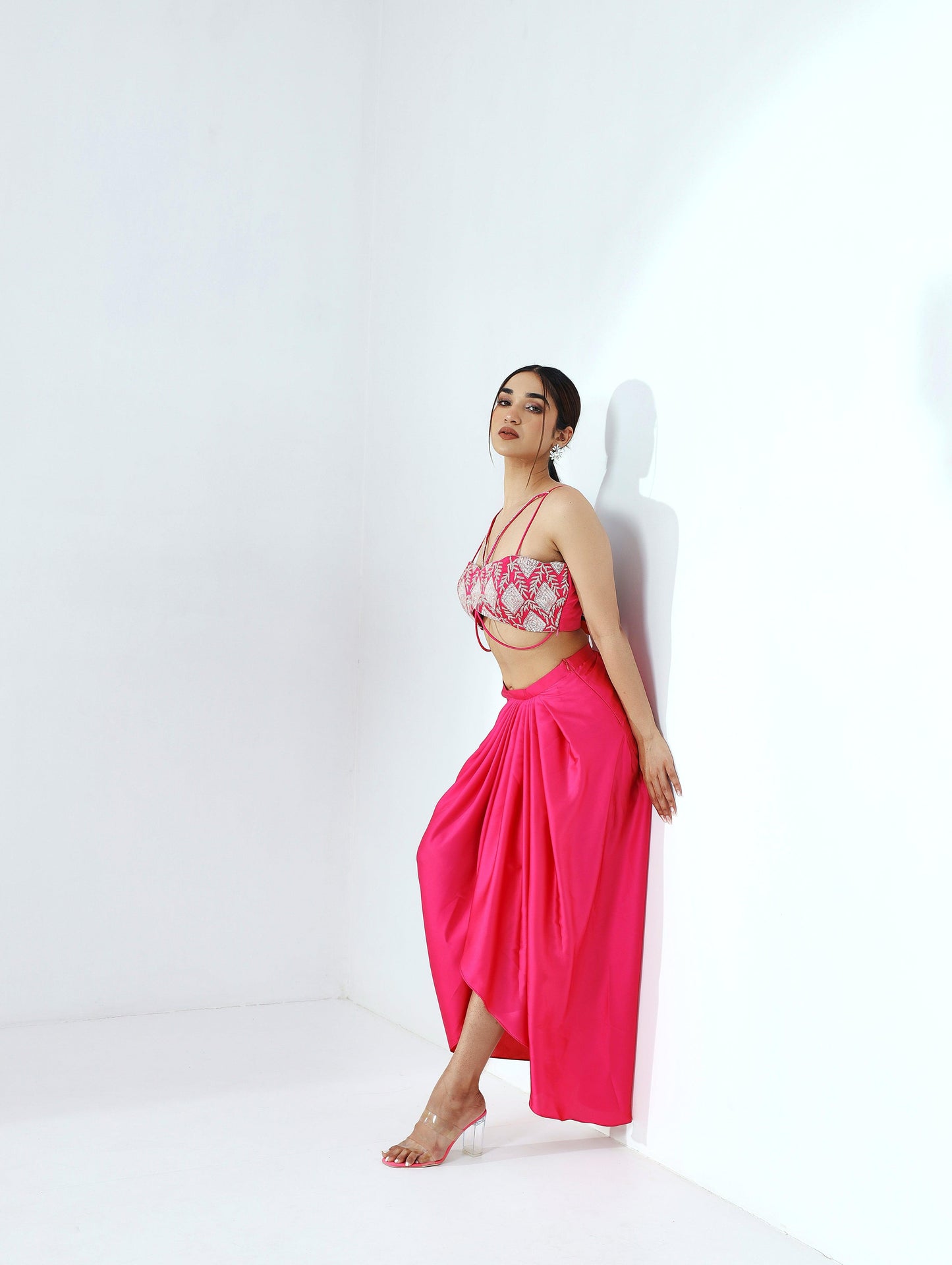 Diana pink draped skirt, blouse with jacket - Nishi Madaan Label