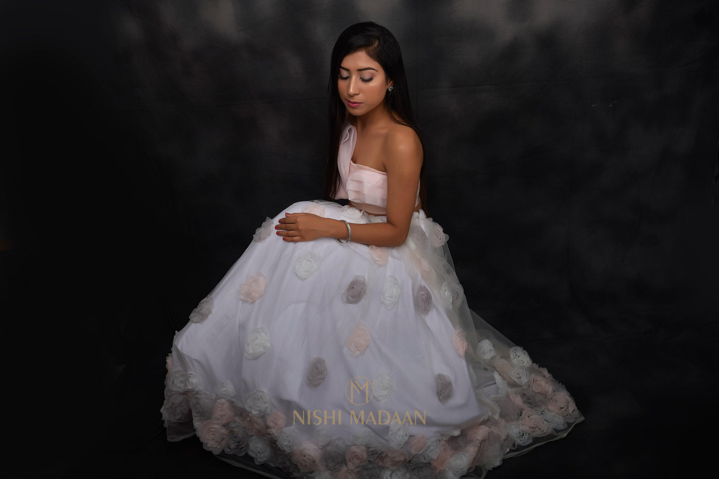 Dramatic peach crop top with a floral tulle skirt set - Nishi Madaan Label