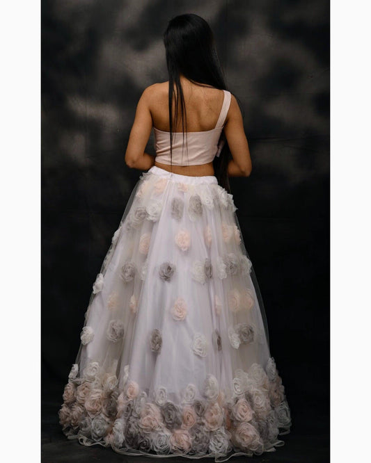 Dramatic peach crop top with a floral tulle skirt set - Nishi Madaan Label