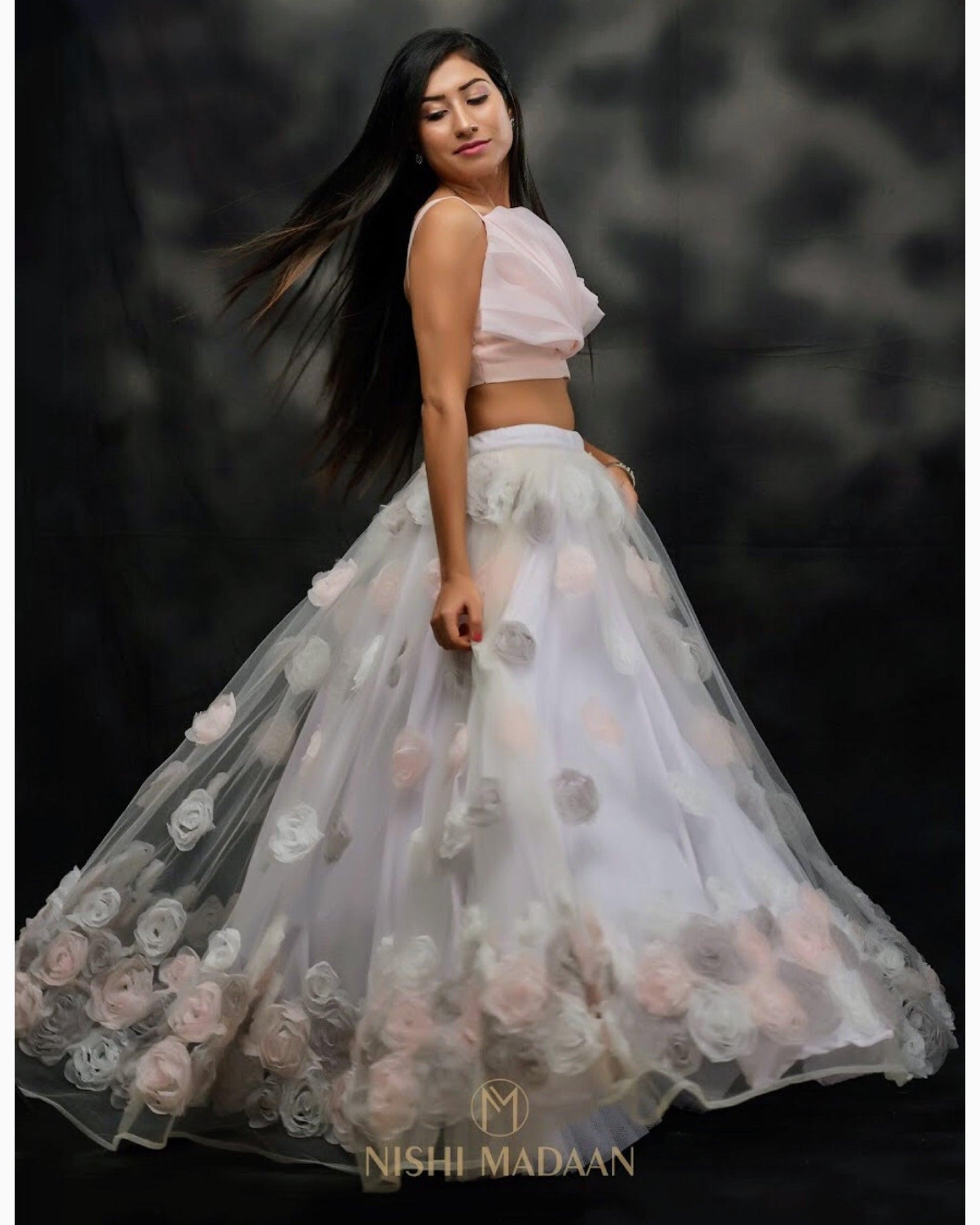 Dramatic peach crop top with a floral tulle skirt set - Nishi Madaan Label