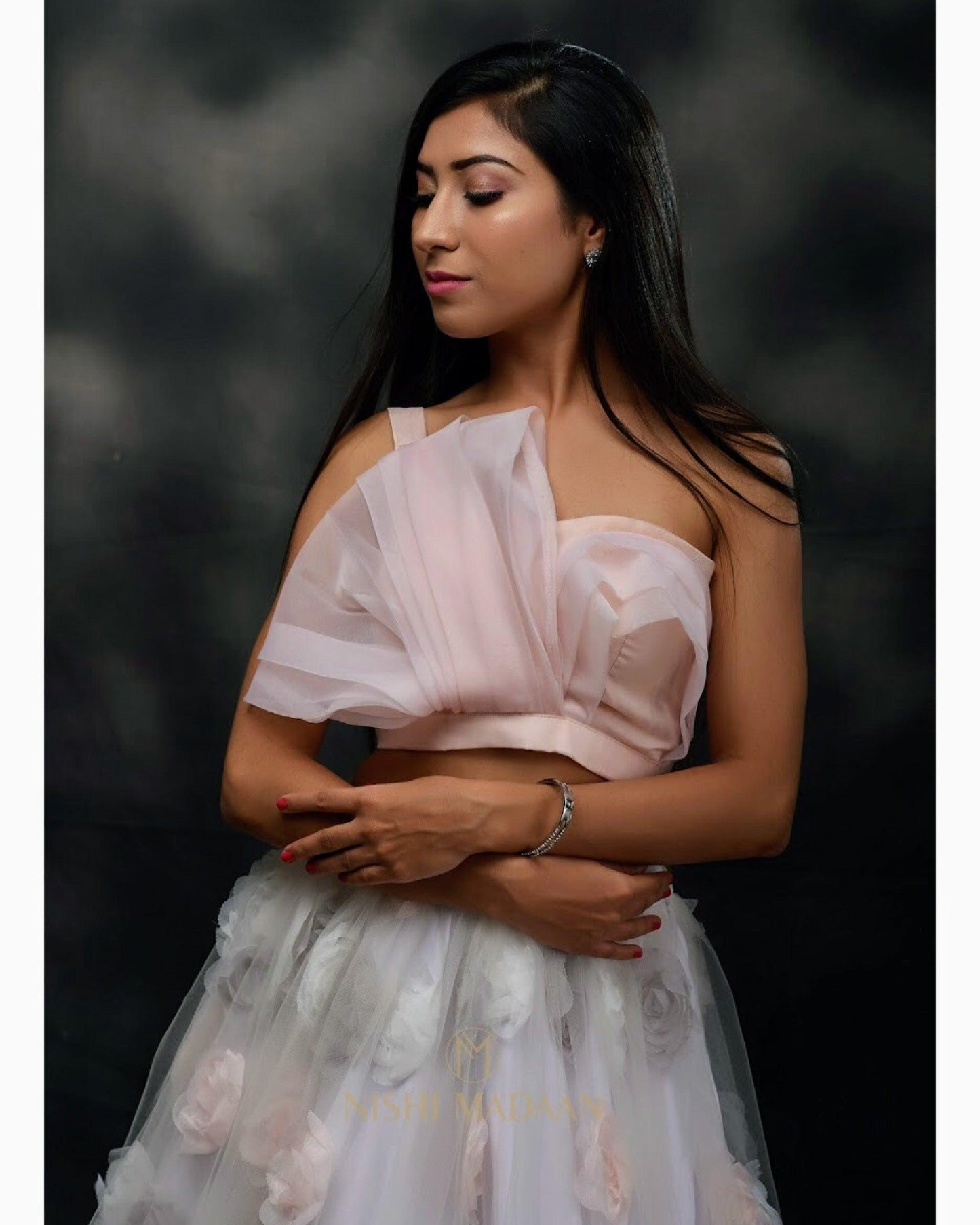 Dramatic peach crop top with a floral tulle skirt set - Nishi Madaan Label