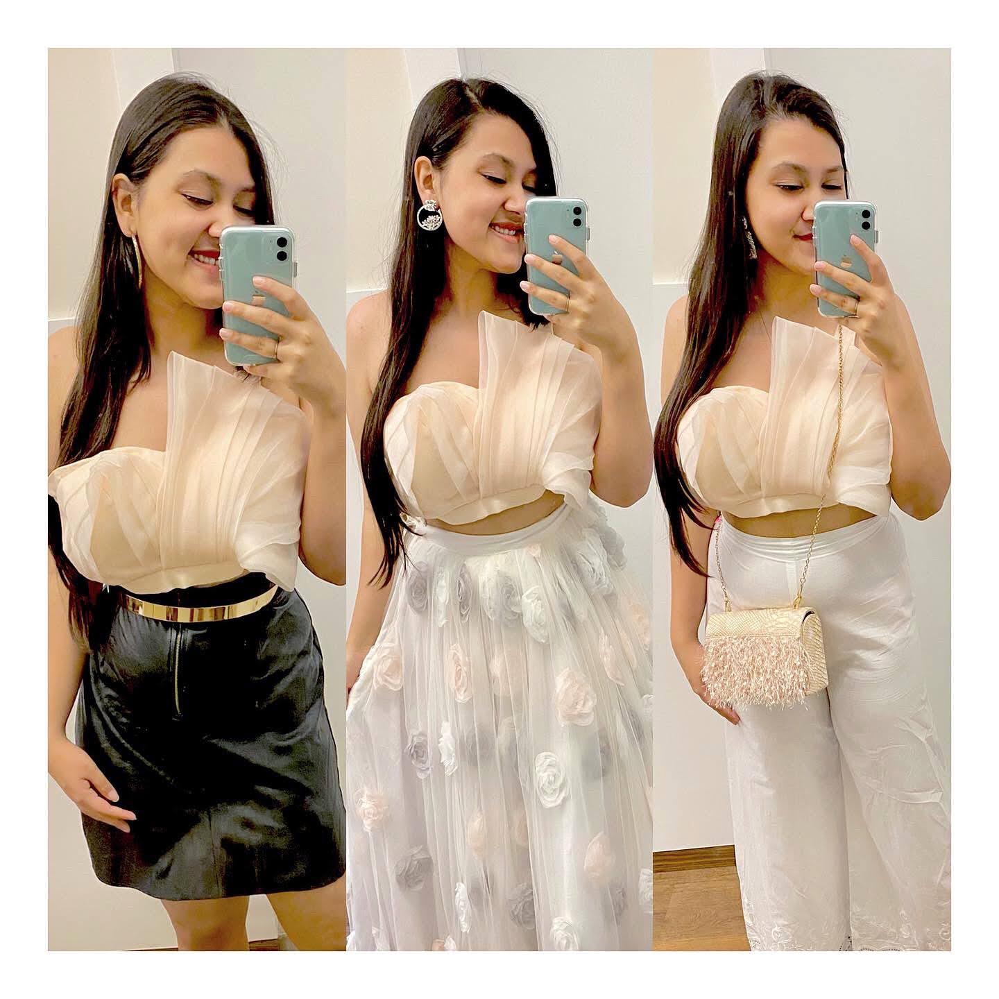 Dramatic peach crop top with a floral tulle skirt set - Nishi Madaan Label
