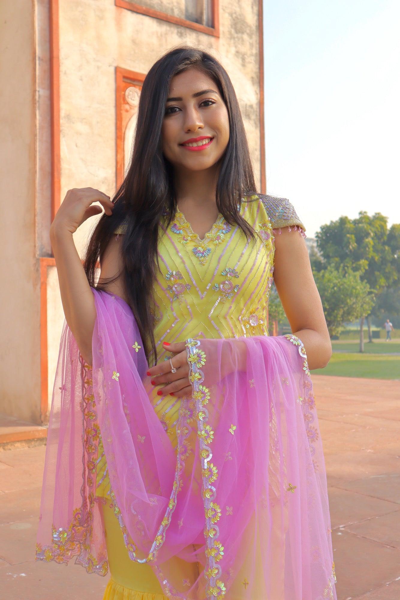 Lavender and yellow garara set - Nishi Madaan Label