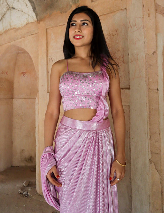 Lavender pre-draped saree with embelished blouse - Nishi Madaan Label