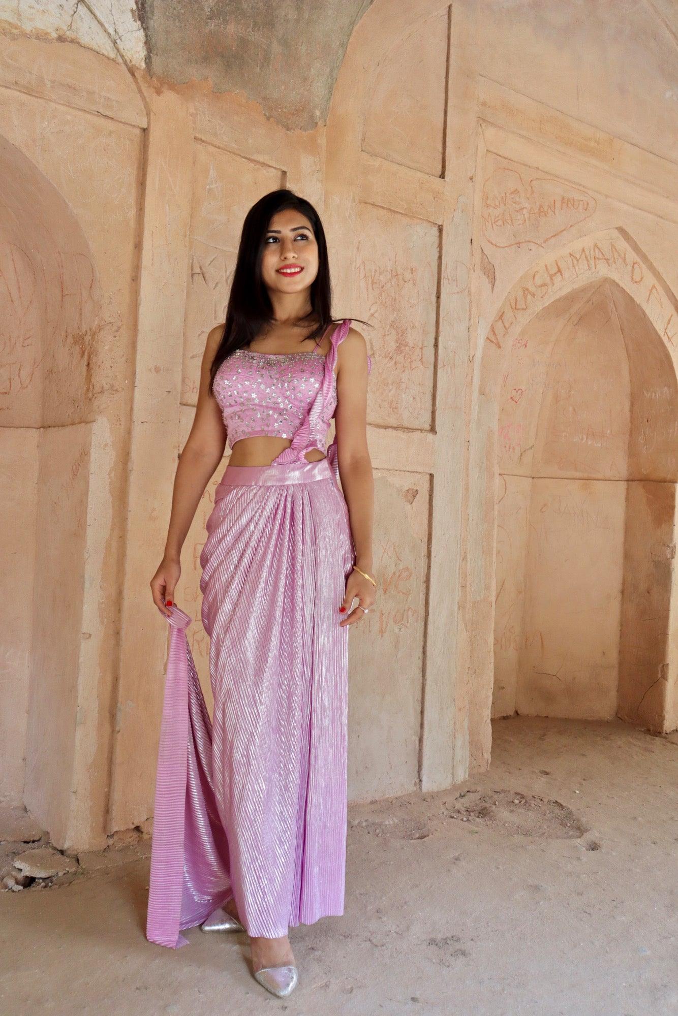Lavender pre-draped saree with embelished blouse - Nishi Madaan Label
