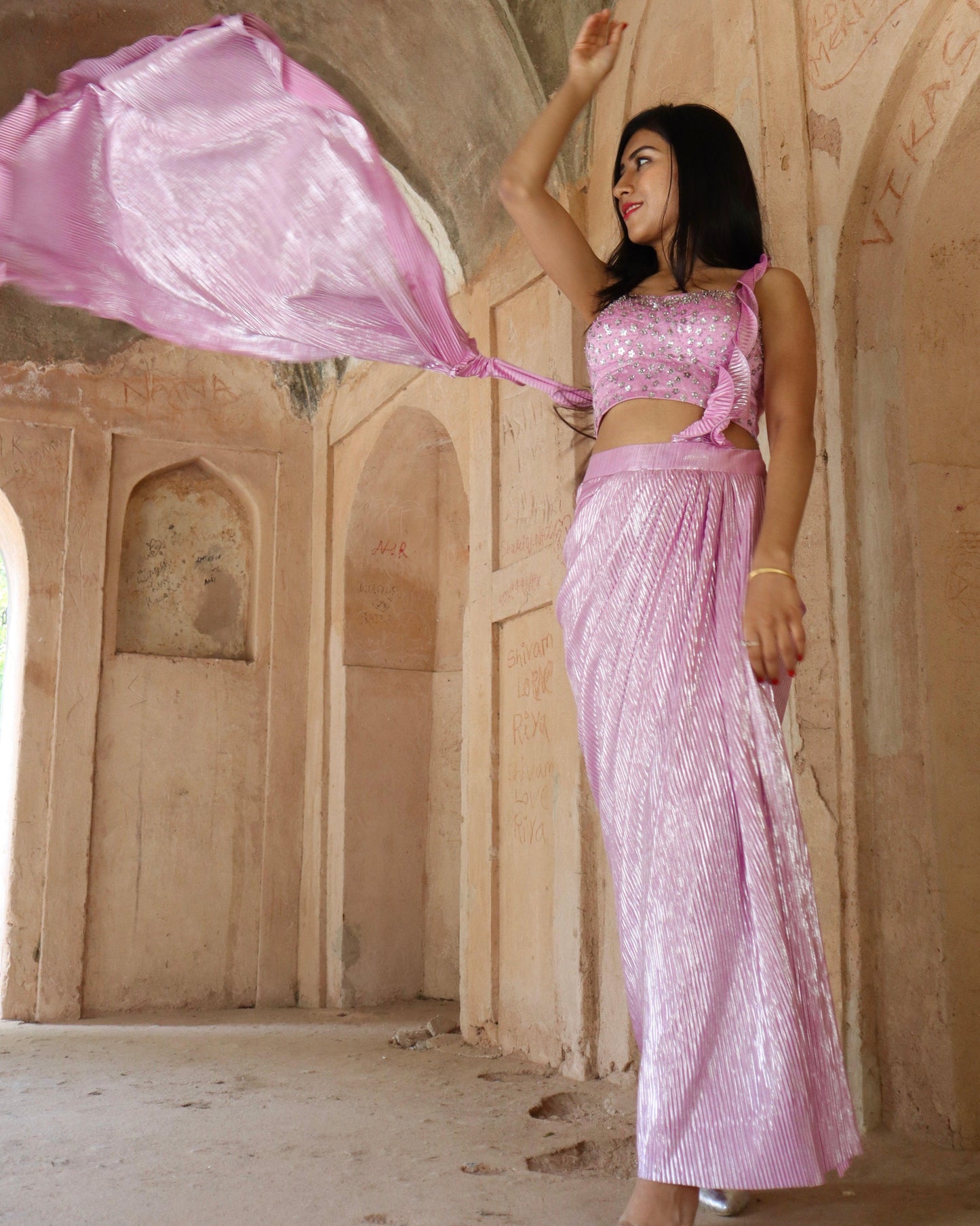 Lavender pre-draped saree with embelished blouse - Nishi Madaan Label