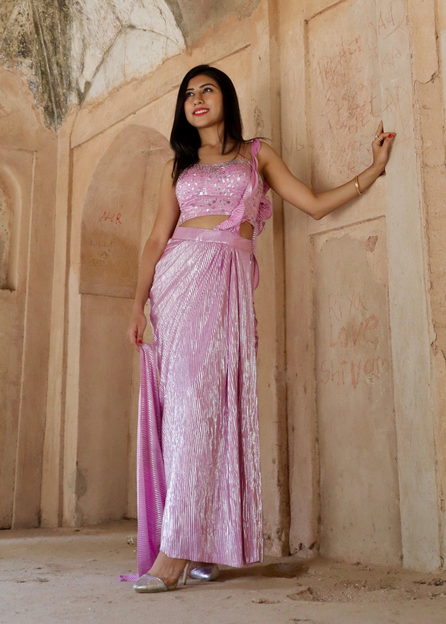 Lavender pre-draped saree with embelished blouse - Nishi Madaan Label