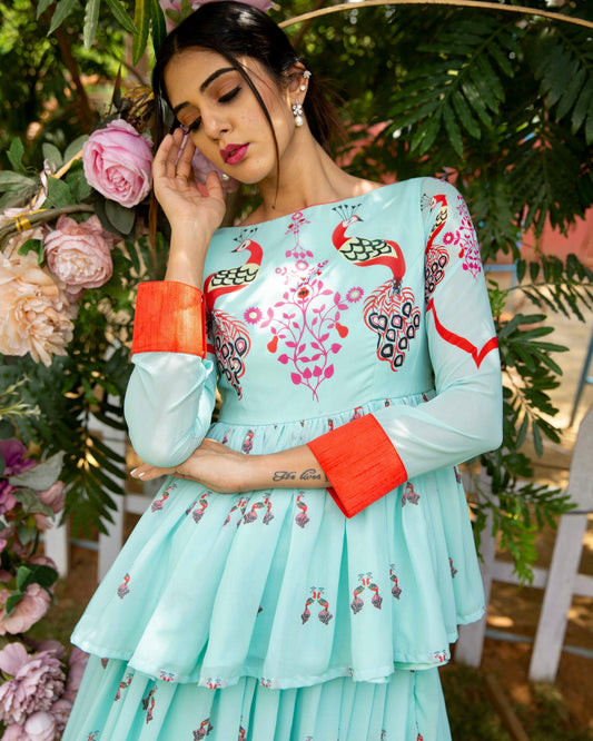 Printed peplum topped skirt in sea-green - Nishi Madaan Label