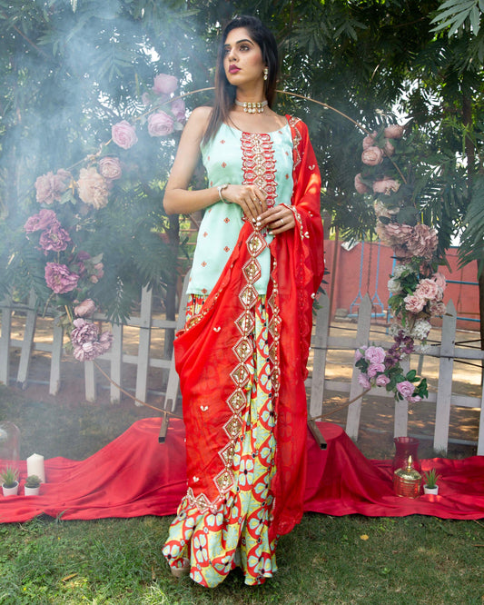 Printed straight suit with draped/cowled skirt - Nishi Madaan Label