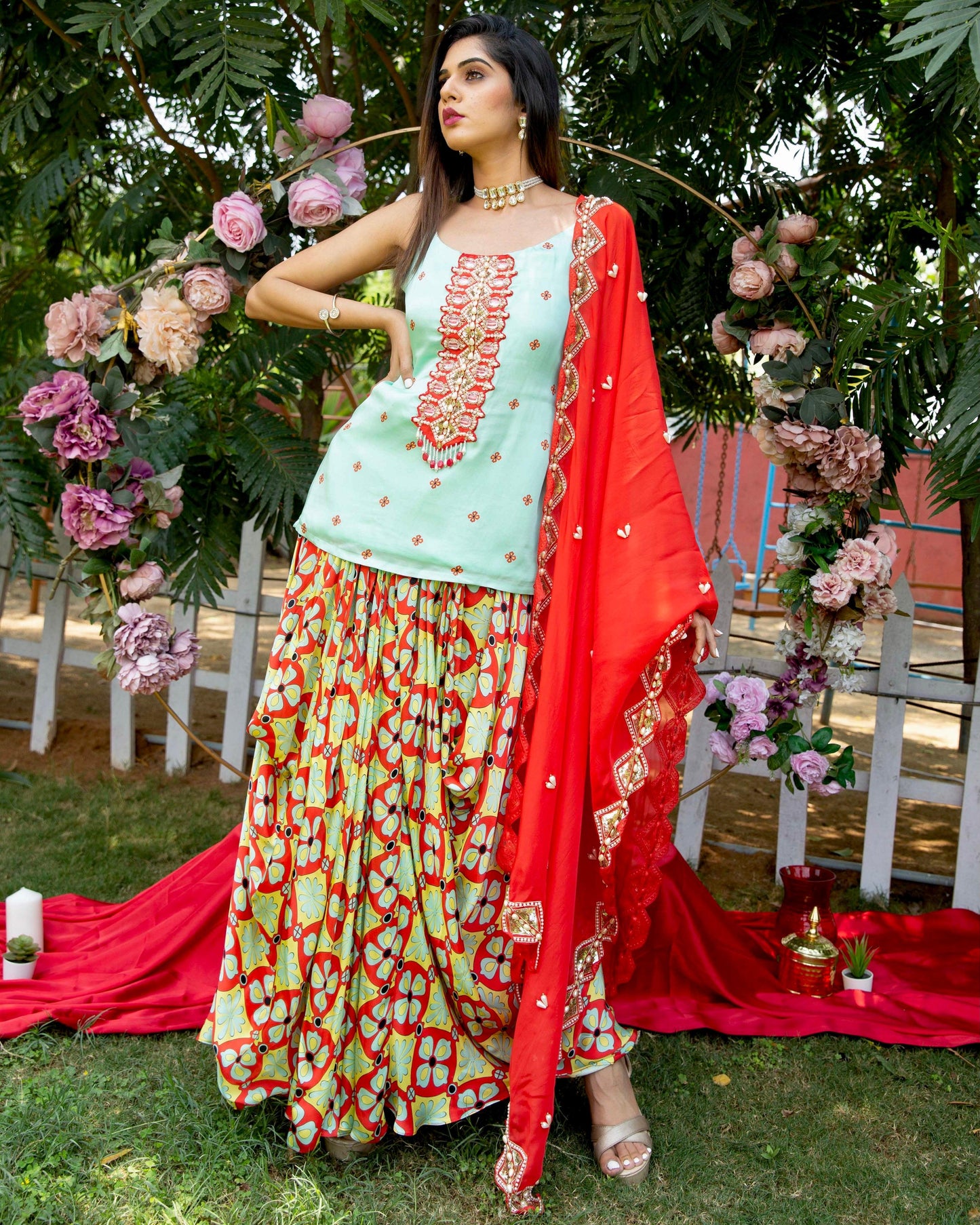 Printed straight suit with draped/cowled skirt - Nishi Madaan Label