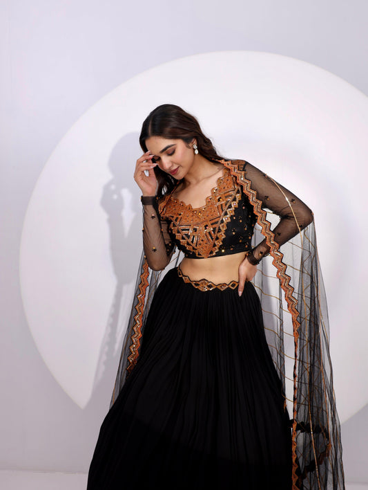 Pristina rust orange and black lehenga set - Nishi Madaan Label