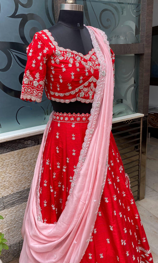 Red bridal lehenga with a silk dupatta - Nishi Madaan Label