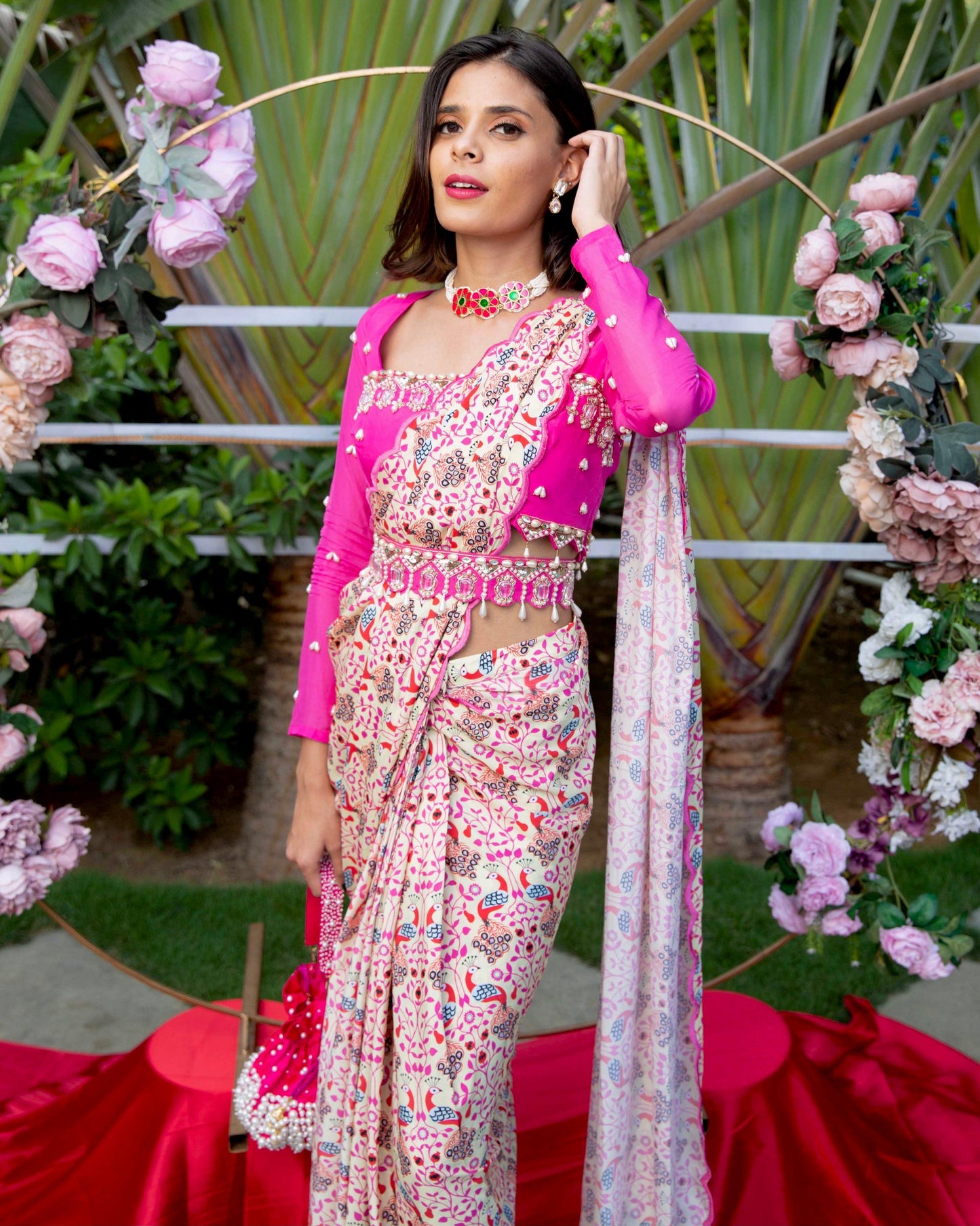 'Say yes to yellow' pre-draped saree with embellished blouse and belt. - Nishi Madaan Label