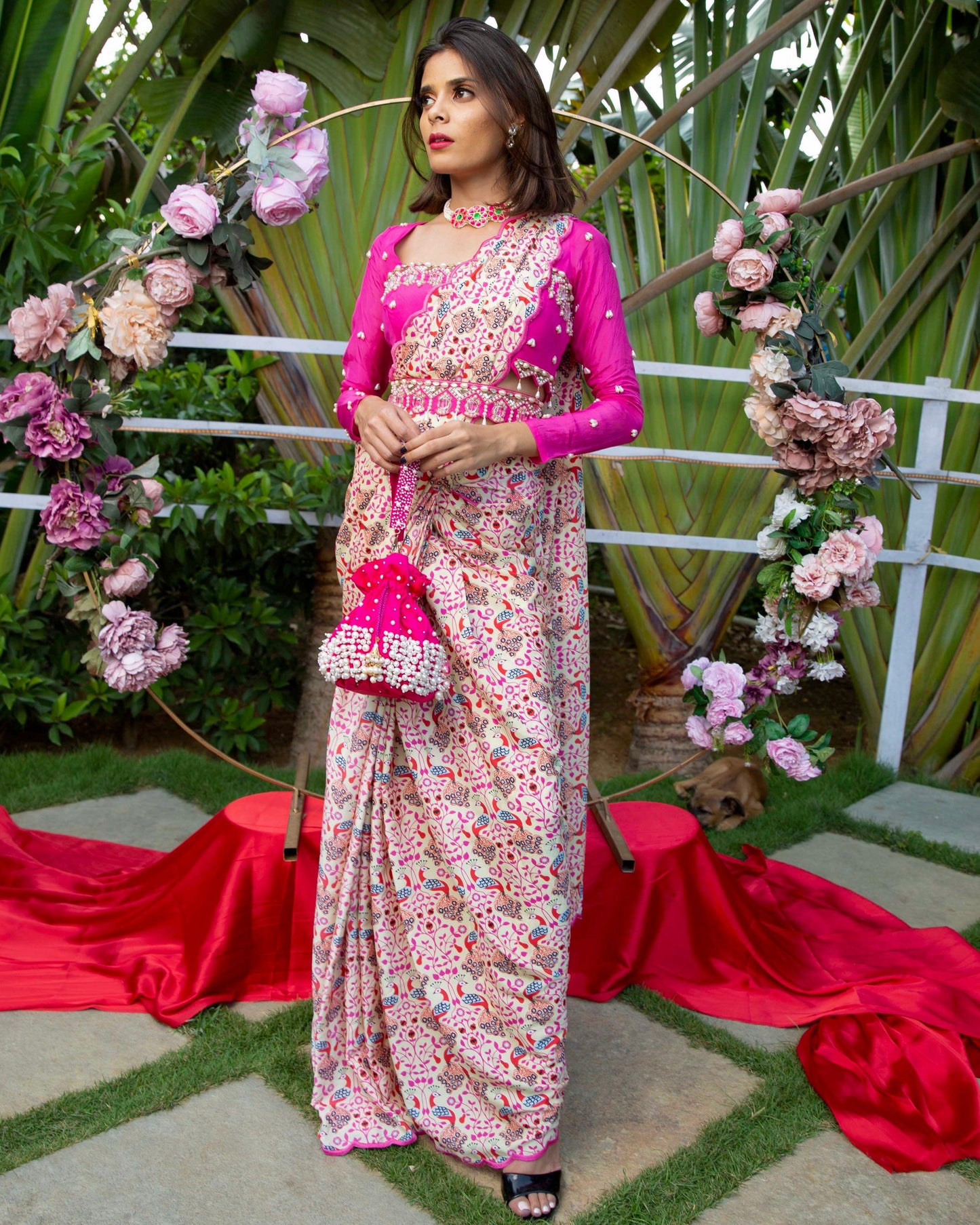 'Say yes to yellow' pre-draped saree with embellished blouse and belt. - Nishi Madaan Label