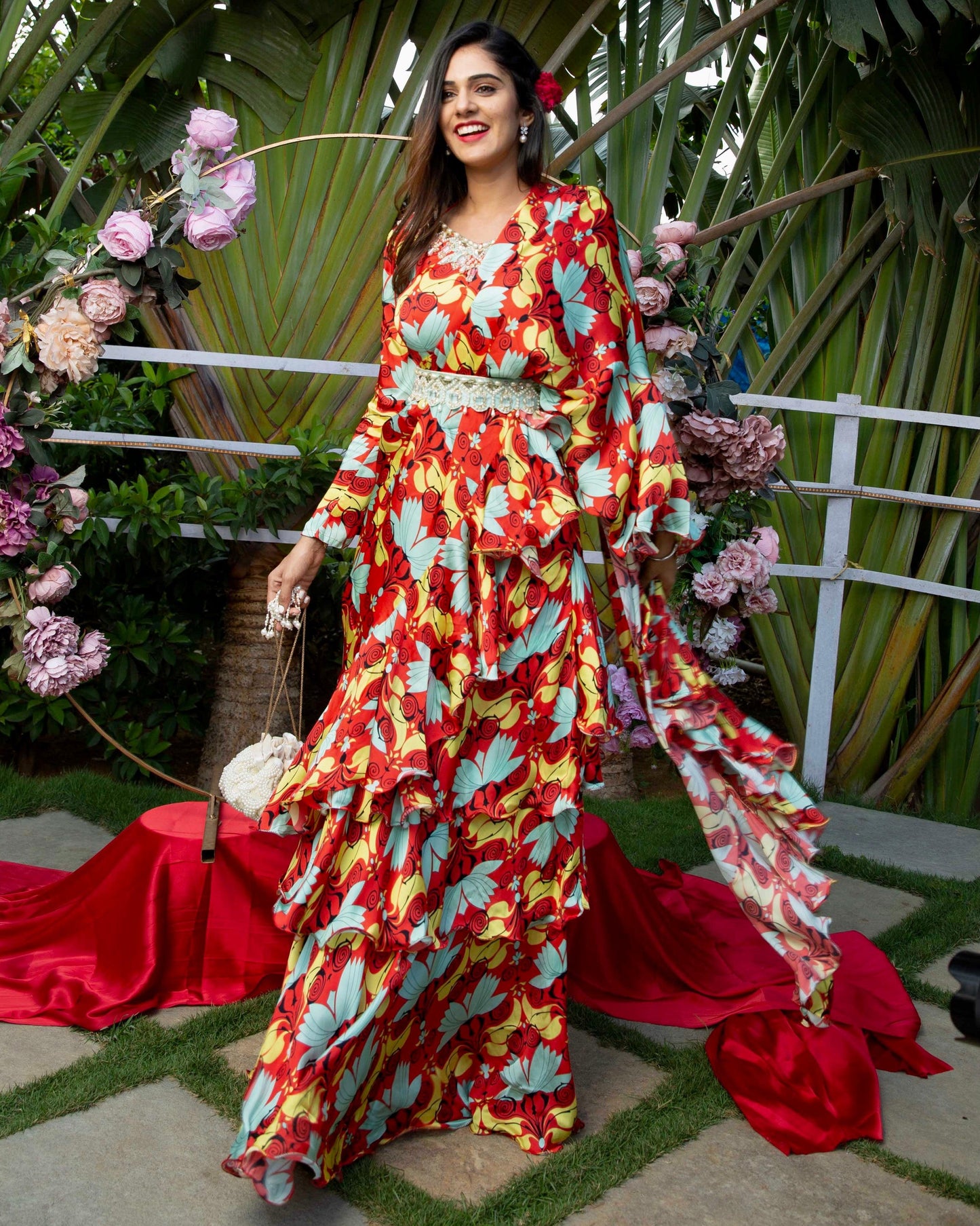 The 'Retro my happy vibe' ruffled saree with embellished blouse and belt. - Nishi Madaan Label