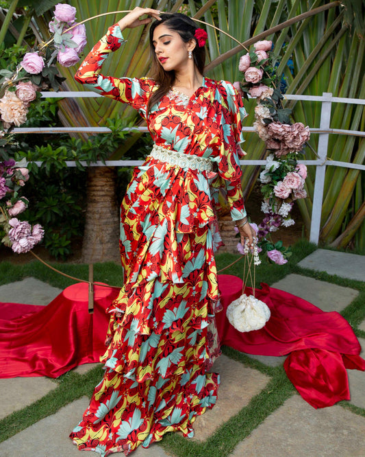 The 'Retro my happy vibe' ruffled saree with embellished blouse and belt. - Nishi Madaan Label