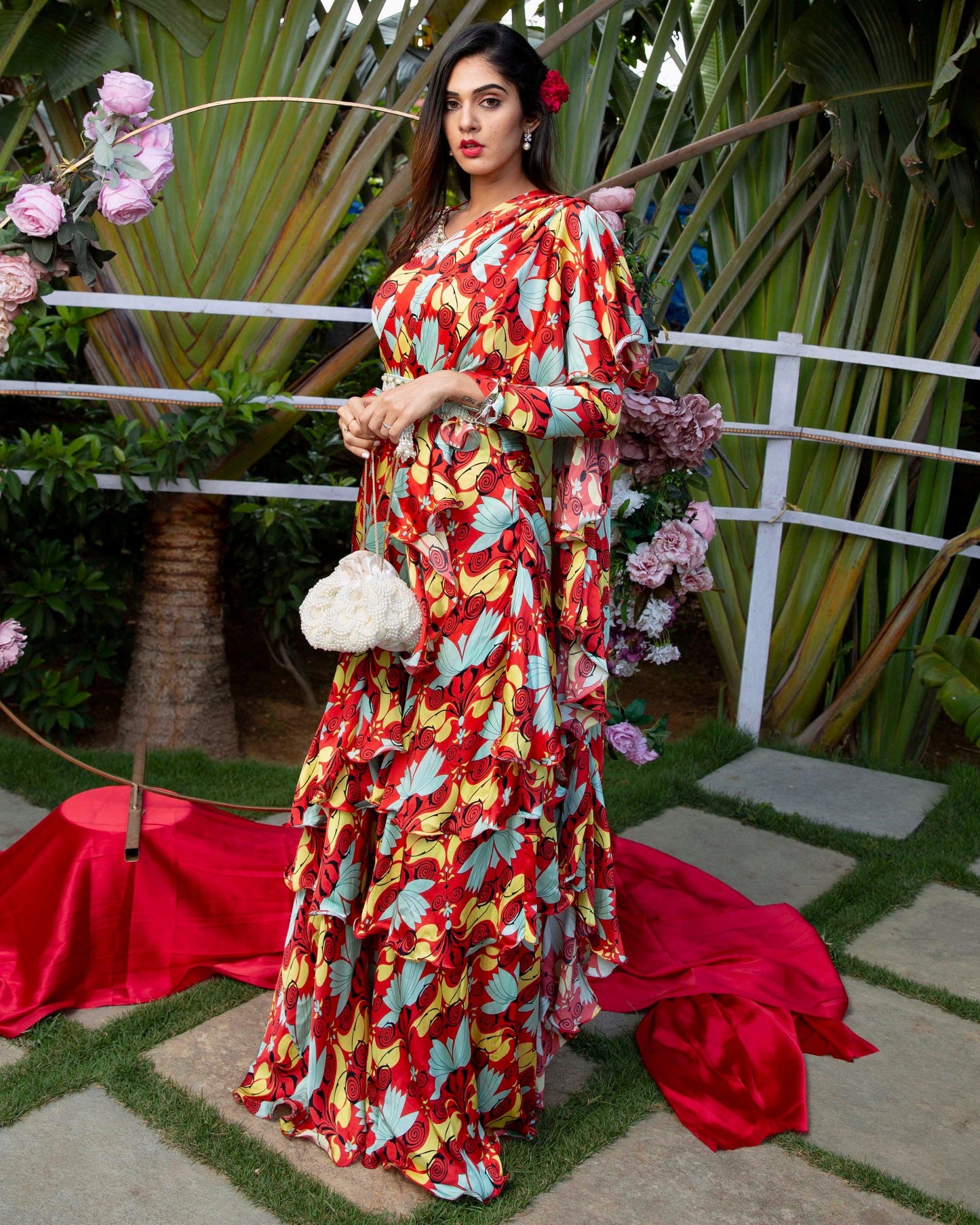 The 'Retro my happy vibe' ruffled saree with embellished blouse and belt. - Nishi Madaan Label