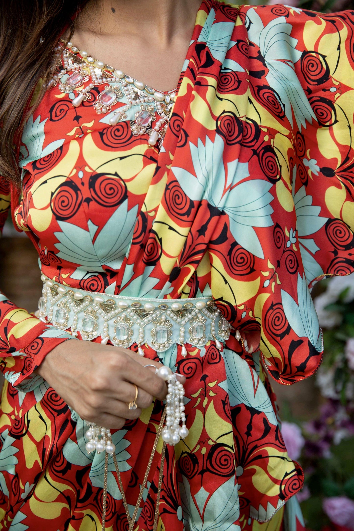 The 'Retro my happy vibe' ruffled saree with embellished blouse and belt. - Nishi Madaan Label