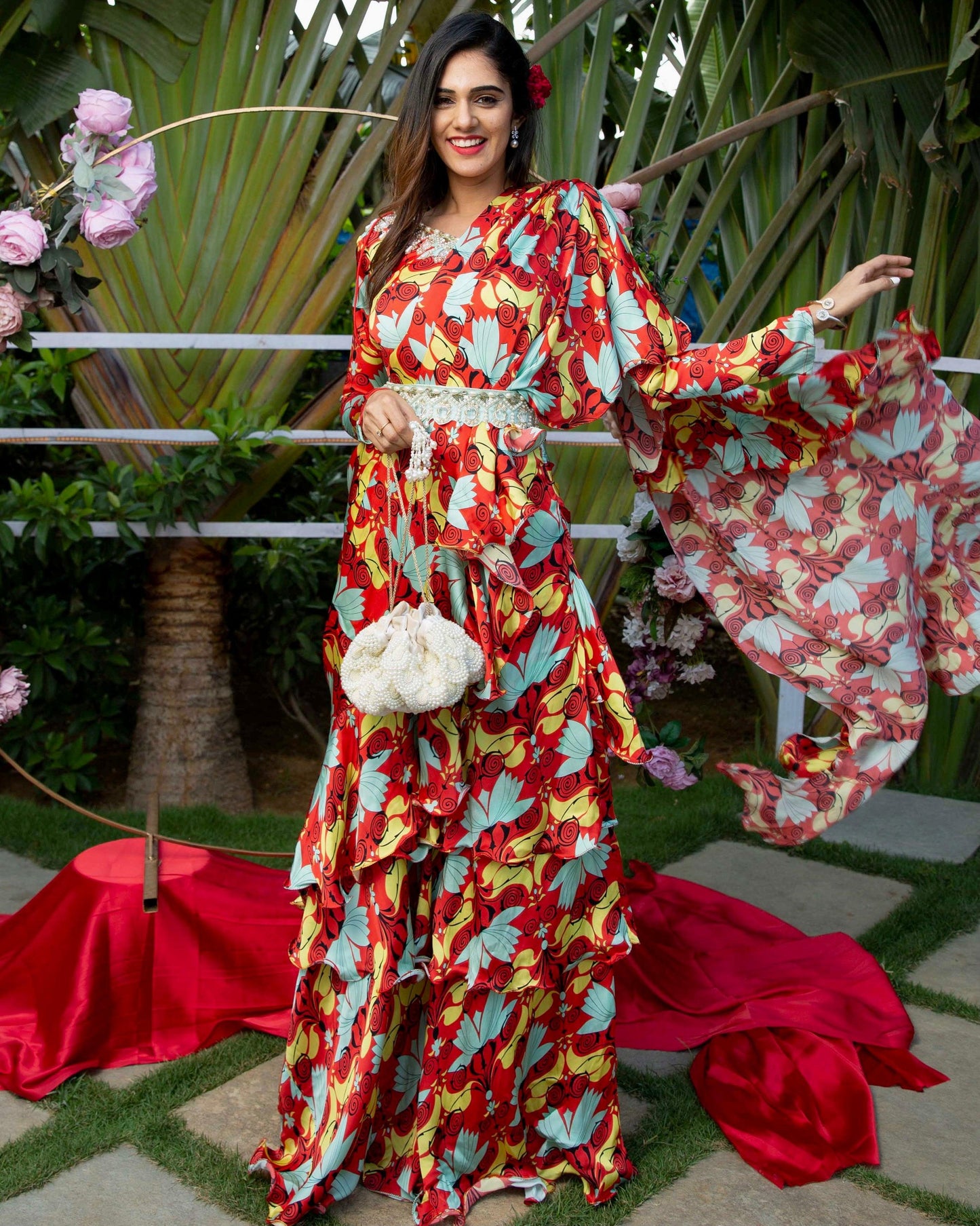 The 'Retro my happy vibe' ruffled saree with embellished blouse and belt. - Nishi Madaan Label