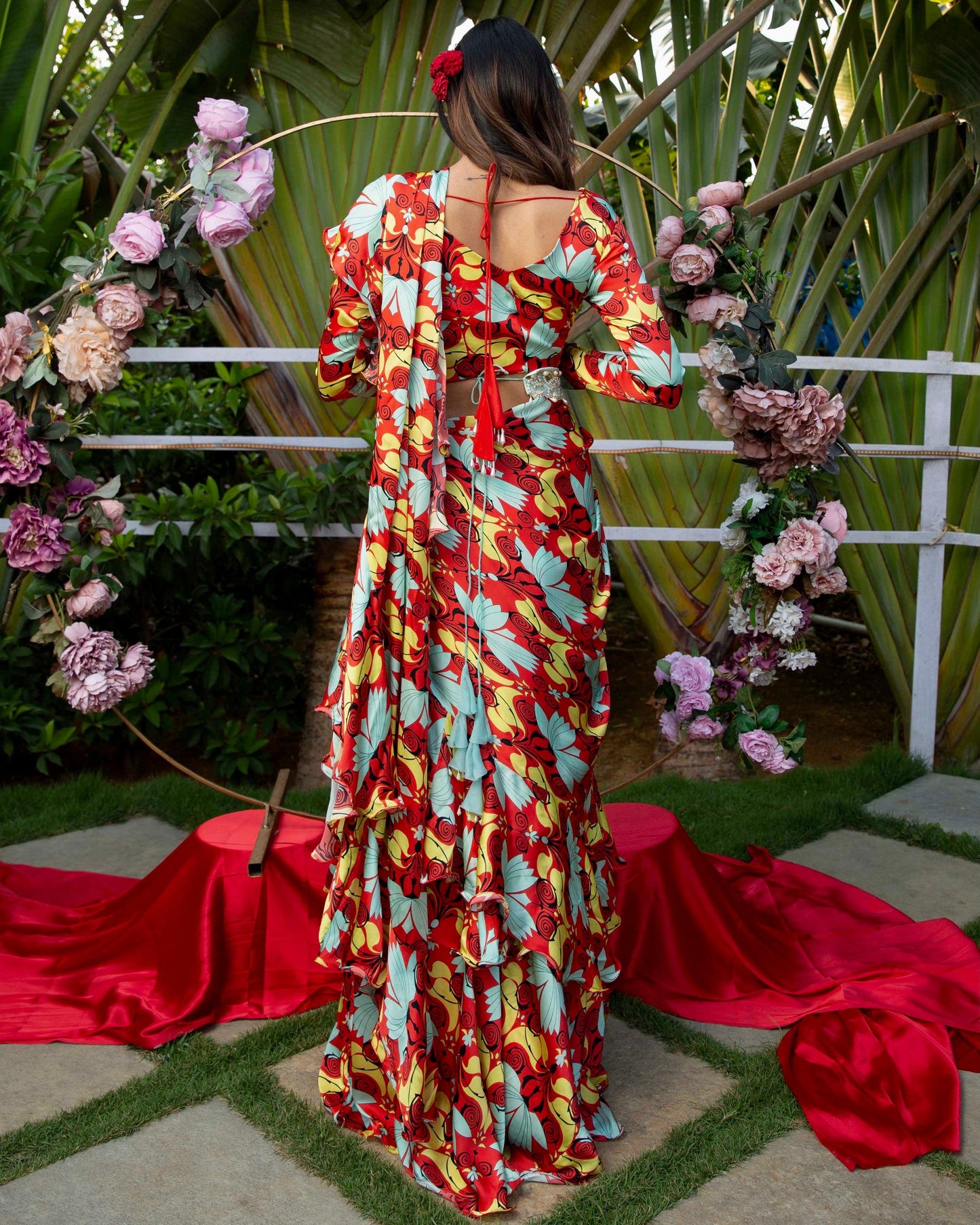 The 'Retro my happy vibe' ruffled saree with embellished blouse and belt. - Nishi Madaan Label