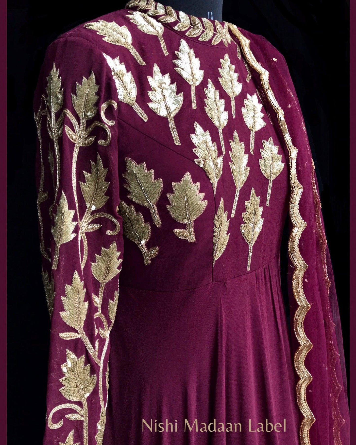 Wine embellished anarkali with dupatta - Nishi Madaan Label