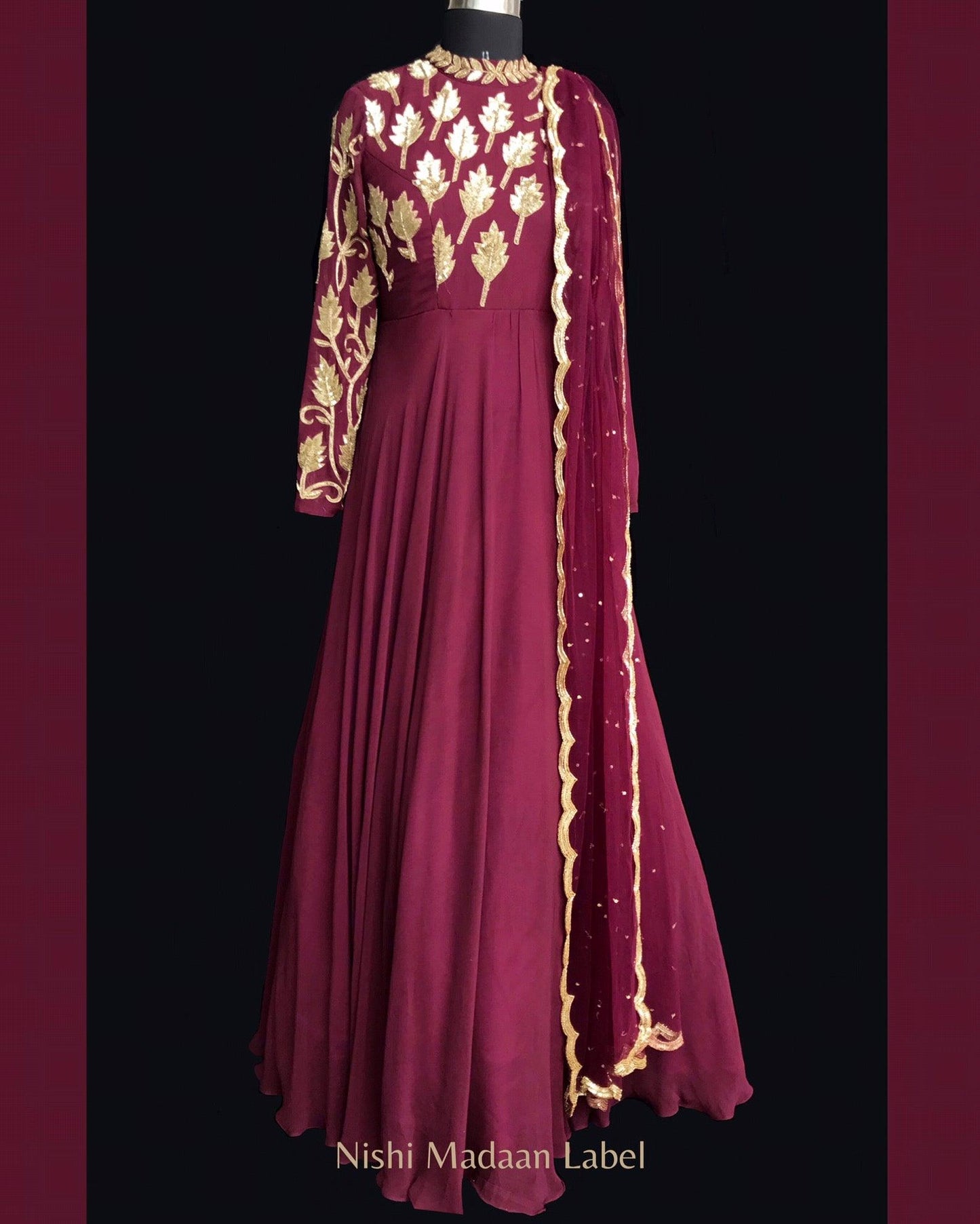 Wine embellished anarkali with dupatta - Nishi Madaan Label
