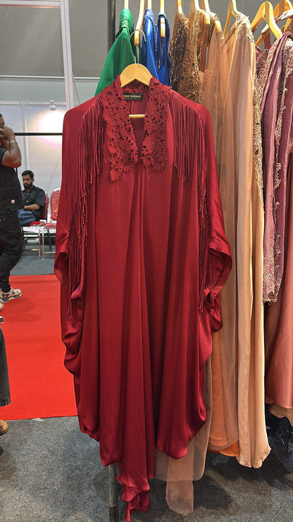 Maroon fringed kaftan set