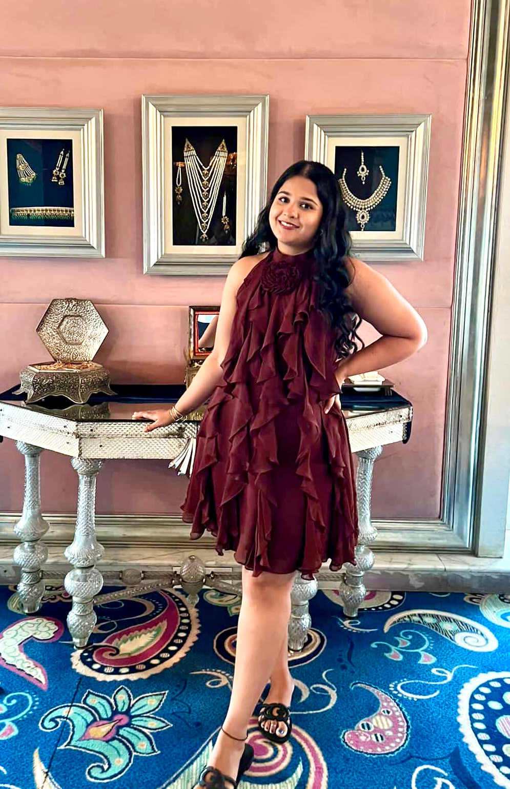 Mocha brown ruffled halter neck dress