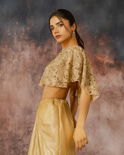 Gold cape draped skirt set