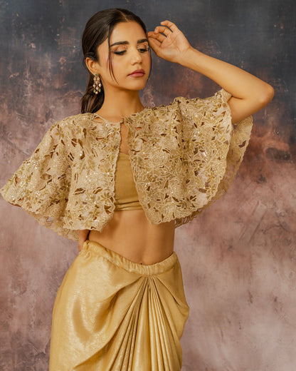 Gold cape draped skirt set