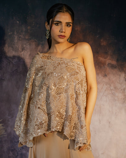 Muted gold one-shoulder cut work cape set with flared palazzo