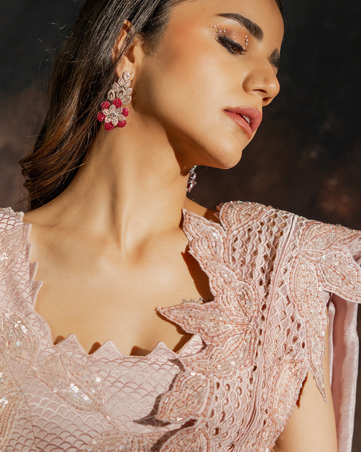Dusky rose cutwork saree set