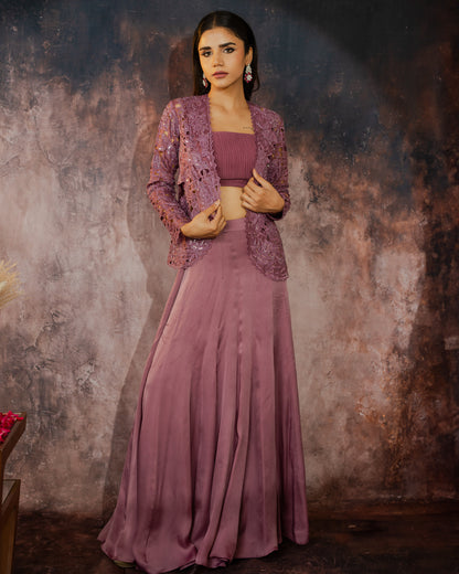 Mauve cut-work jacket skirt set