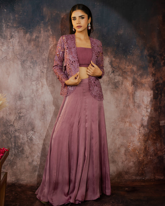 Mauve cut-work jacket skirt set