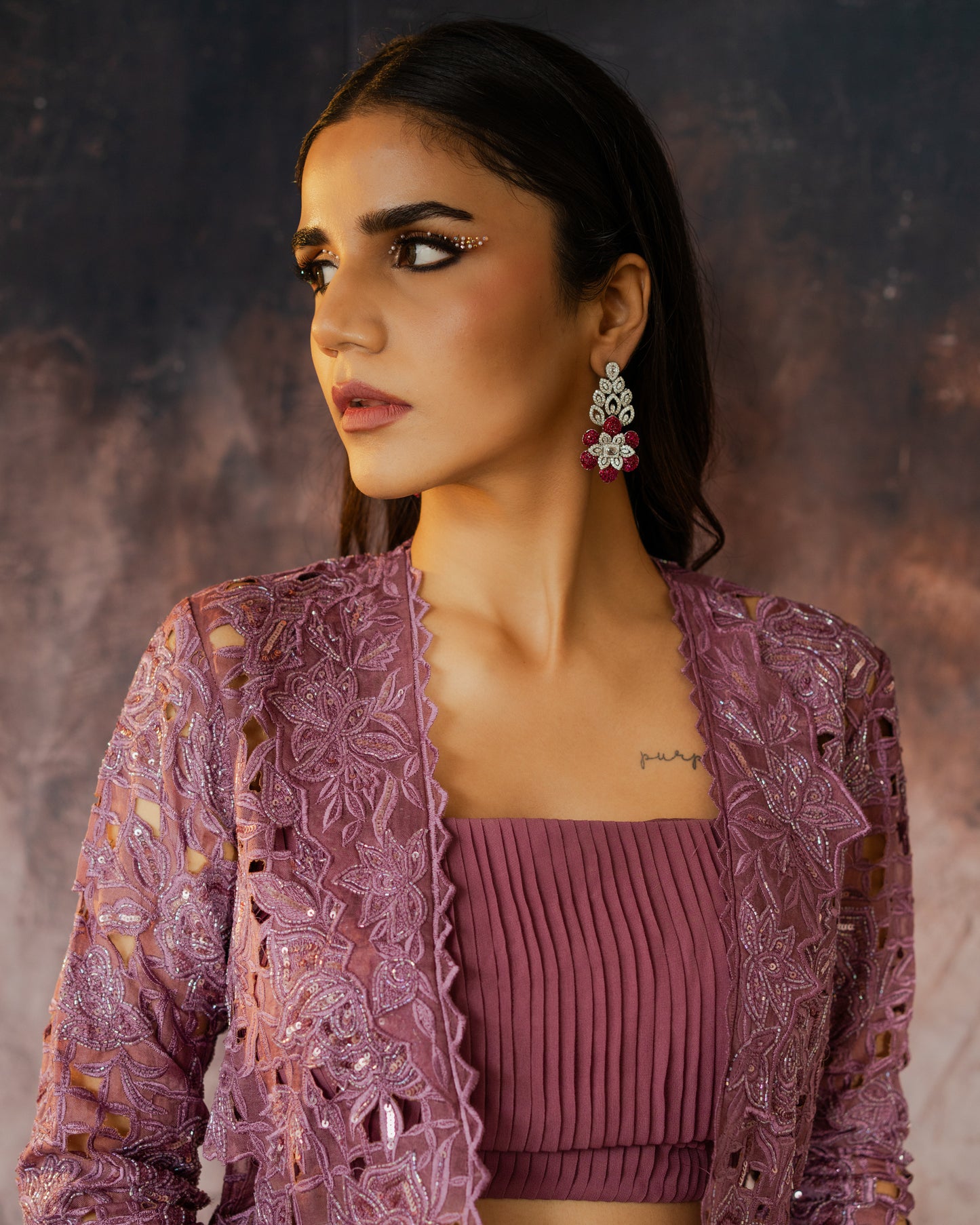 Mauve cut-work jacket skirt set