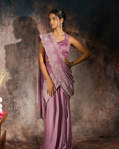 purple lilac predraped cut work saree set
