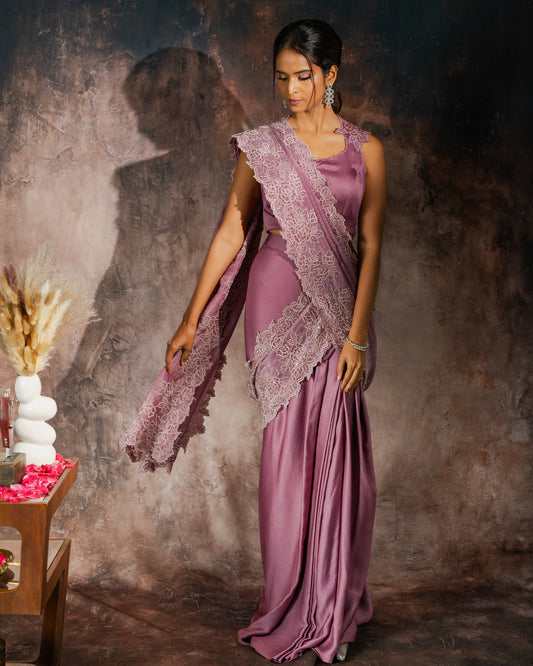 Lilac cut work pre-draped saree set