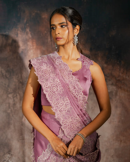 Lilac cut work pre-draped saree set