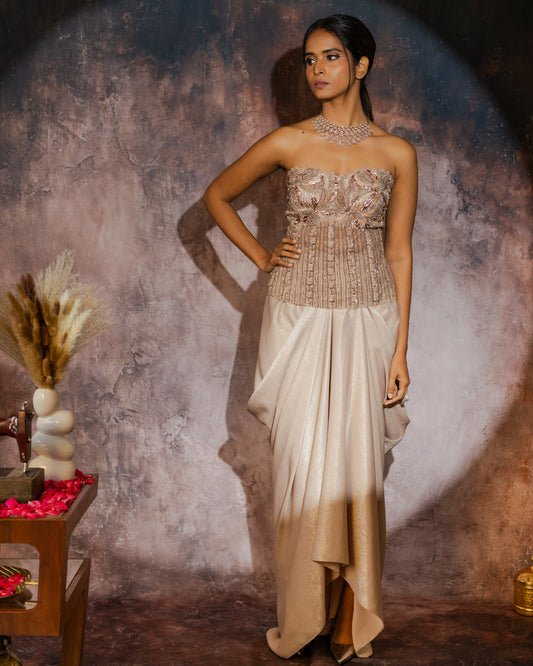 Champagne gold corset draped skirt set