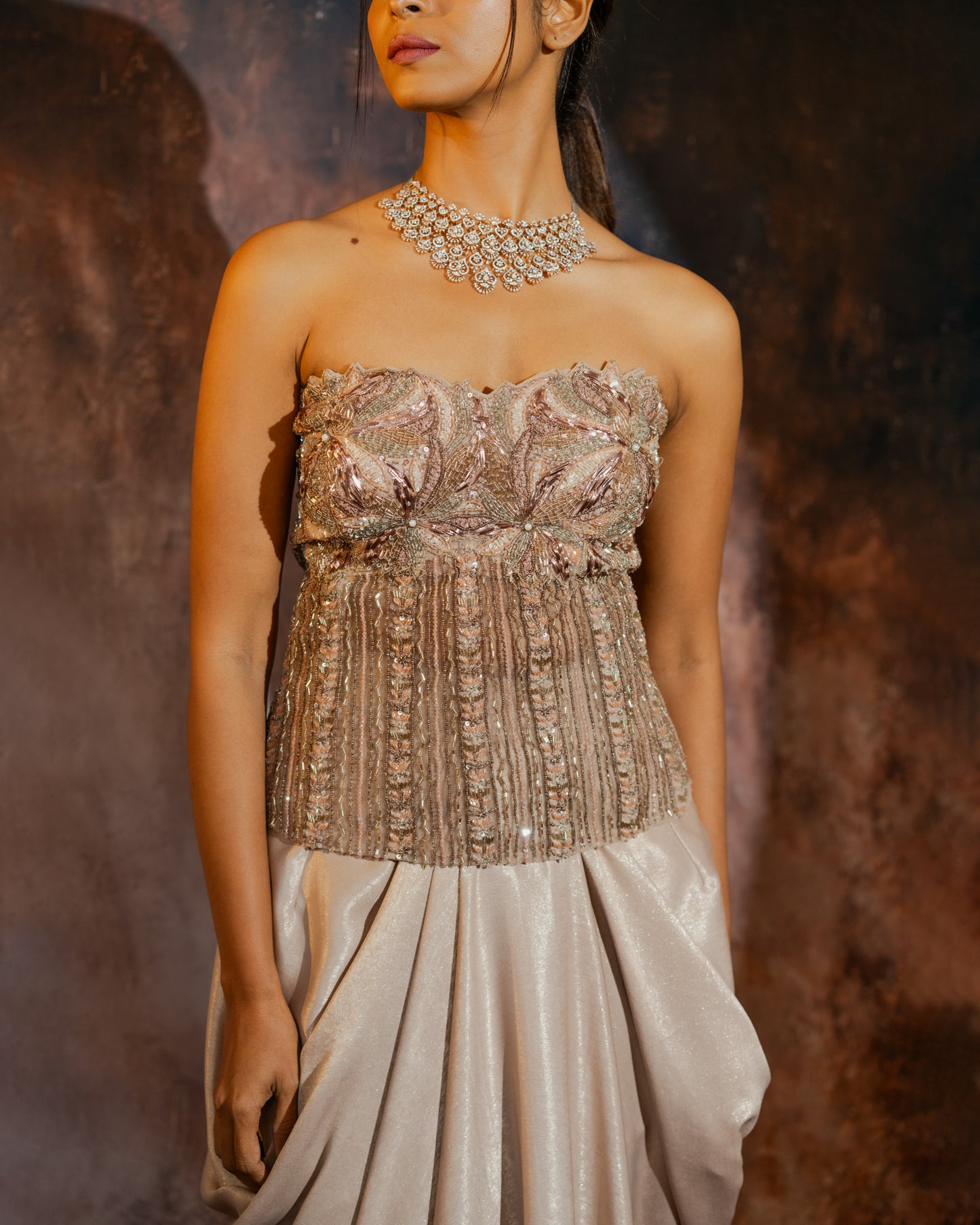Champagne gold corset draped skirt set