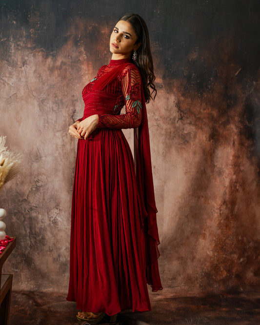 Scarlet structured abstract gown with dupatta