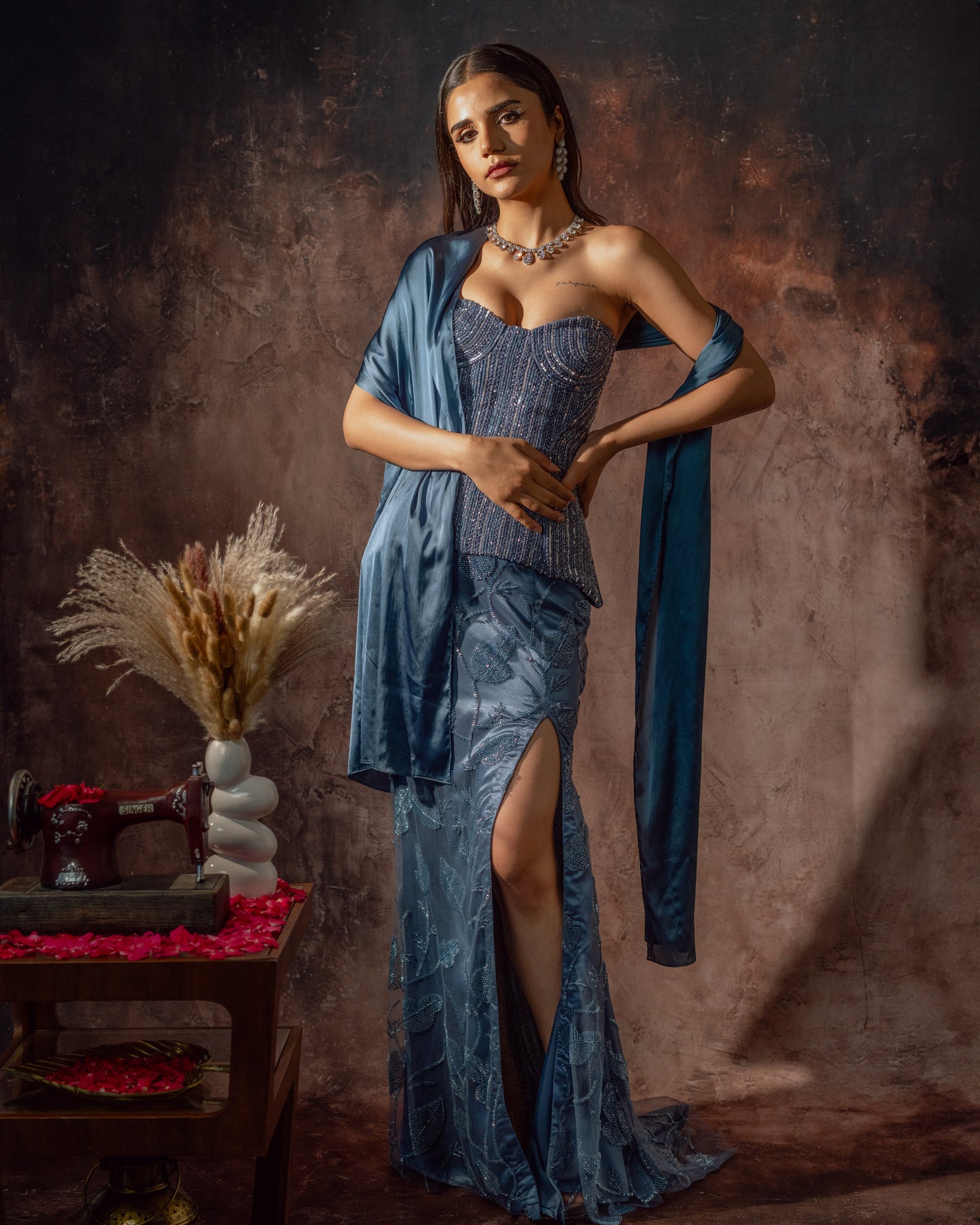 Midnight muse corset mermaid slit skirt set