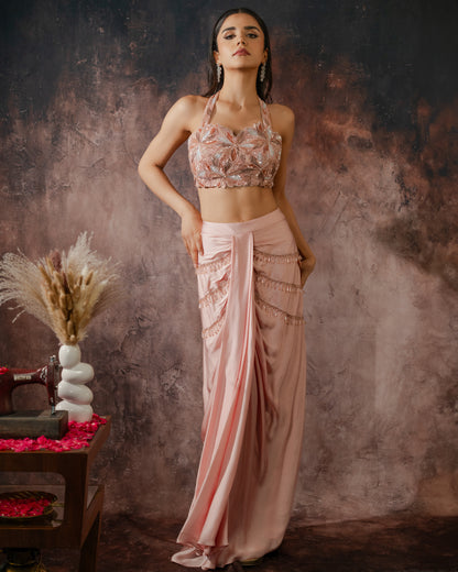 Cleopatra dusky rosè draped skirt set