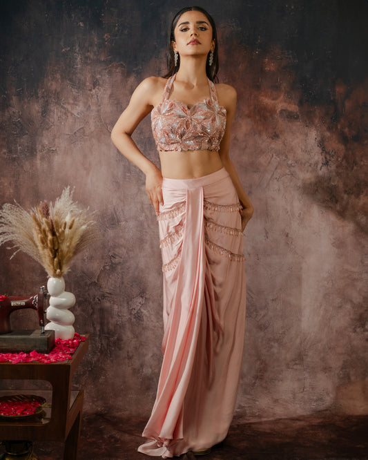 Cleopatra dusky rosè draped skirt set