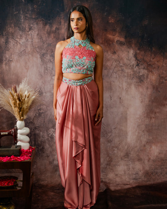 Sage and coral draped set