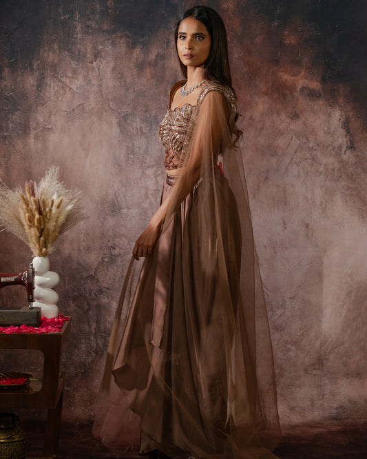Mocha corset drape skirt set