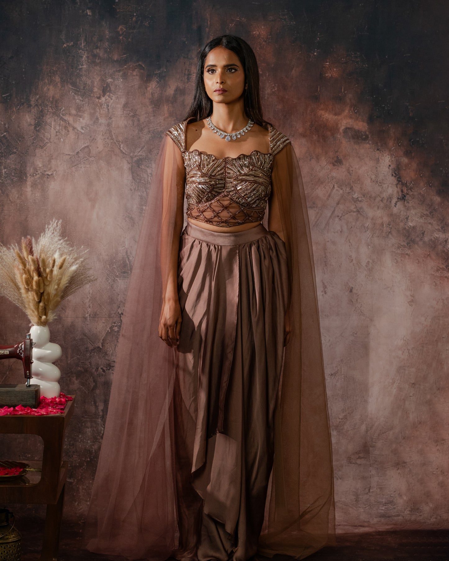 Mocha corset drape skirt set