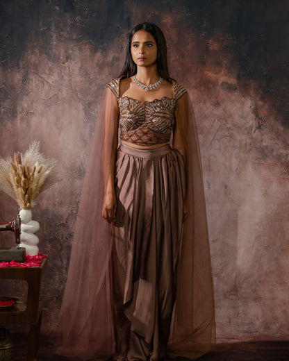 Mocha corset drape skirt set